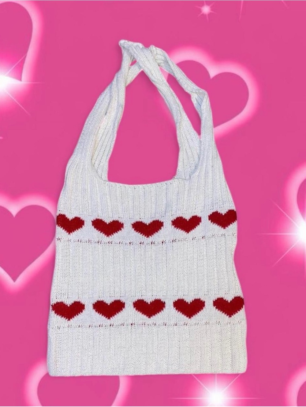 White Knit Heart-Pattern Shoulder Bag